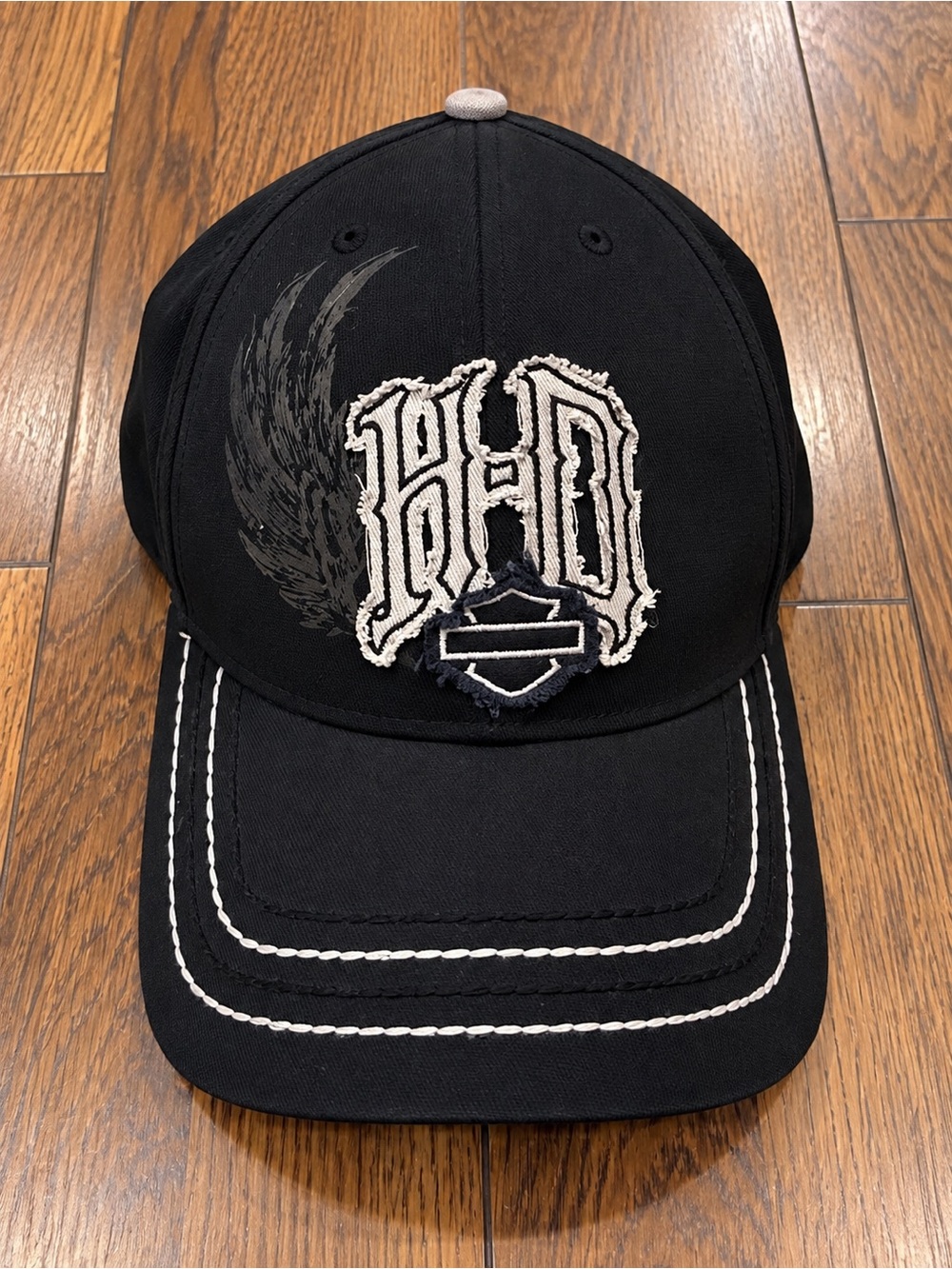 Harley-Davidson Black Cap with White Contrast Stitching and Gray Wing Detail